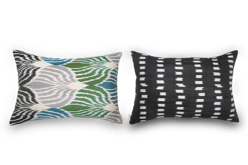 BLACK CREAM BLUE GRAY GREEN IKAT Pillow Atelier East and West